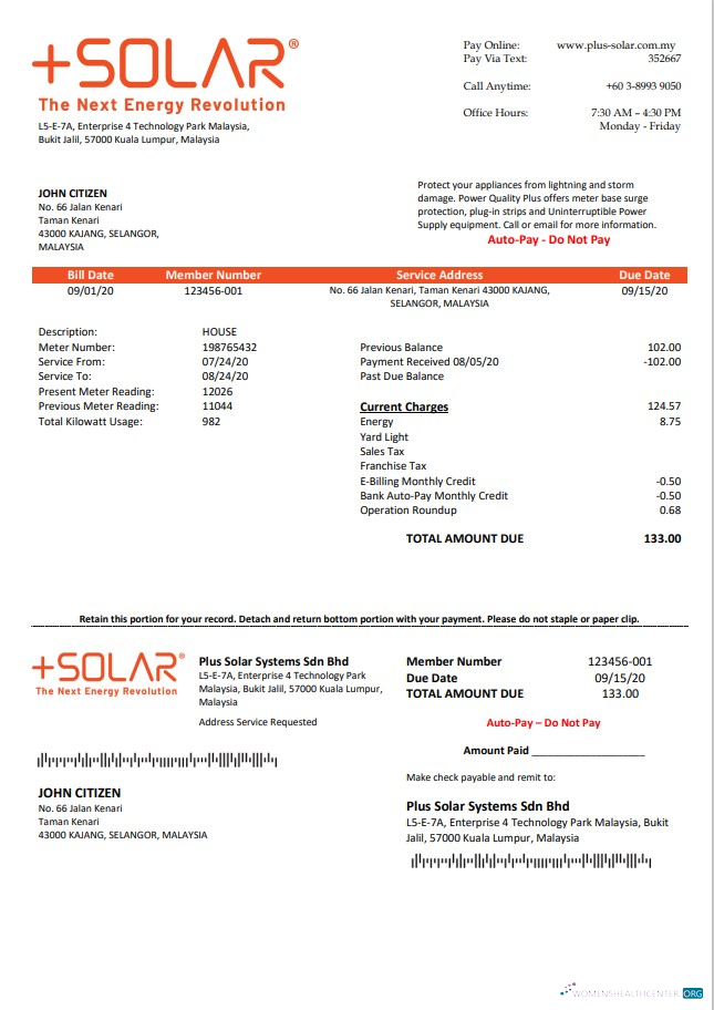 download Malaysia Plus Solar Systems Sdn Bhd utility bill template in Word and PDF format PDF template